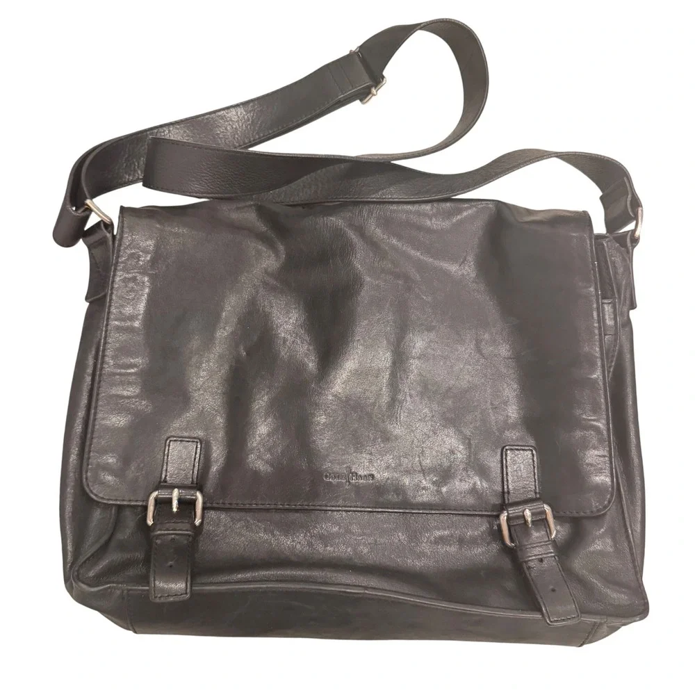 Vintage Cole Haan Black Leather Messenger Bag Adjust Strap Buckle Flap 11x14x3‎